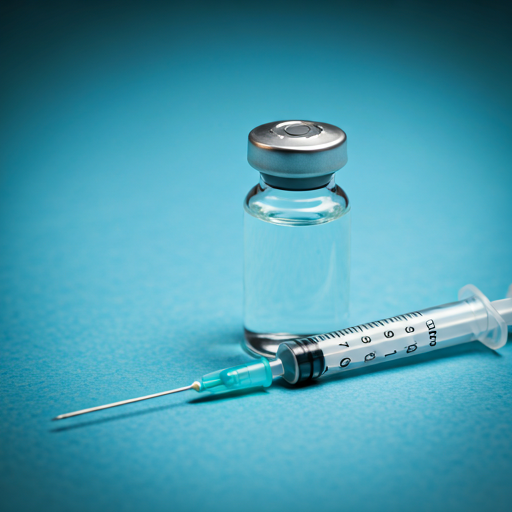 Sterile medical vaccine vial and syringe on a plain medical surface